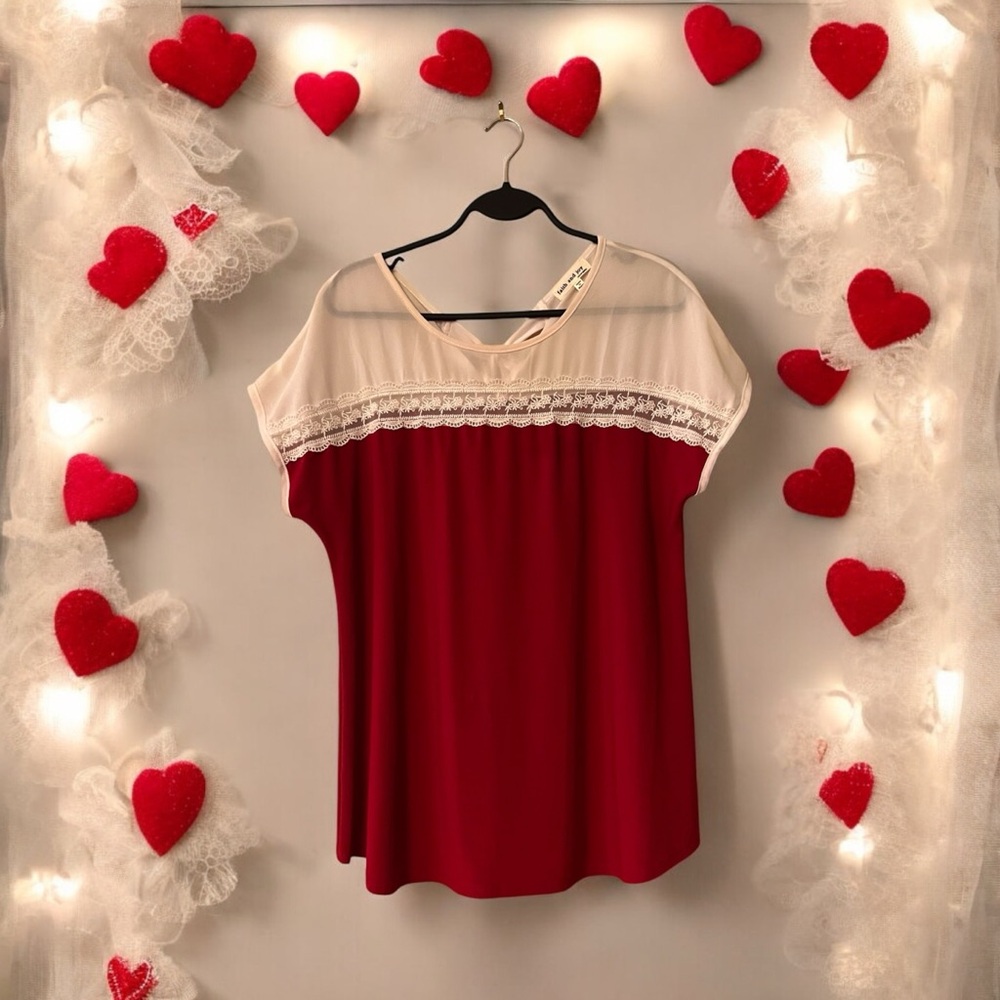 Faith and Joy Red & Cream Top with Lace Trim & Bow at Back
